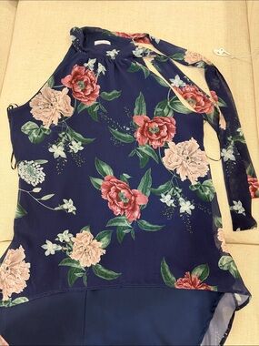 Sweet Pea Navy Floral Halter Dress Top with Pink Blooms